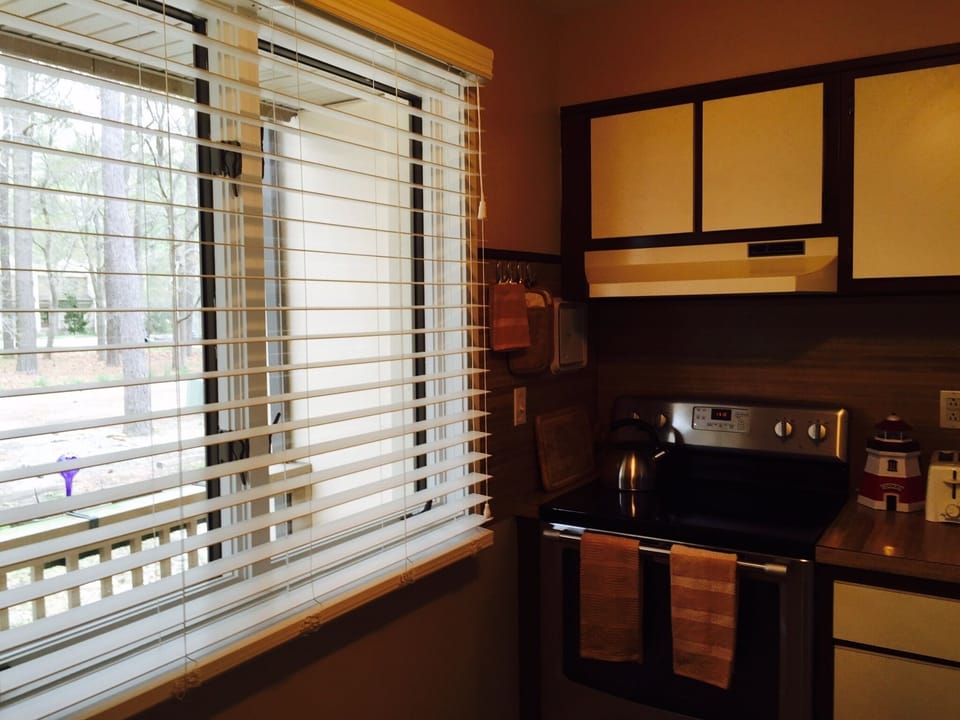 Kitchen - lateral windown. See through pine trees and driveway