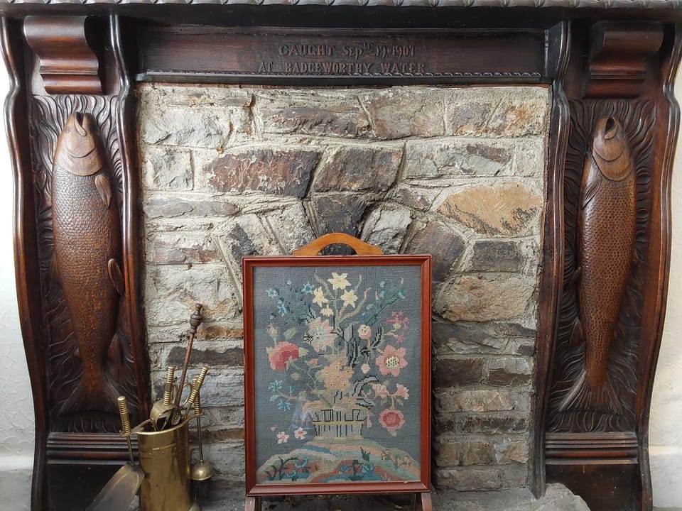 1 of 3 original carved open fireplaces to celebrate the catching of the salmon.