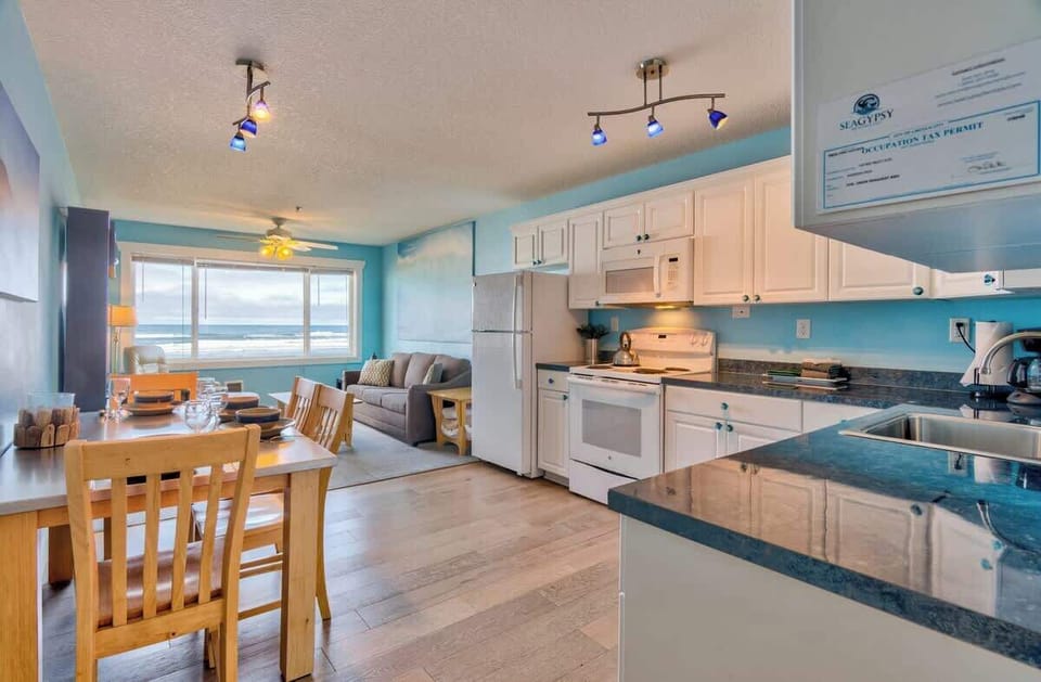 The oceanside suite includes the full kitchen and living area
