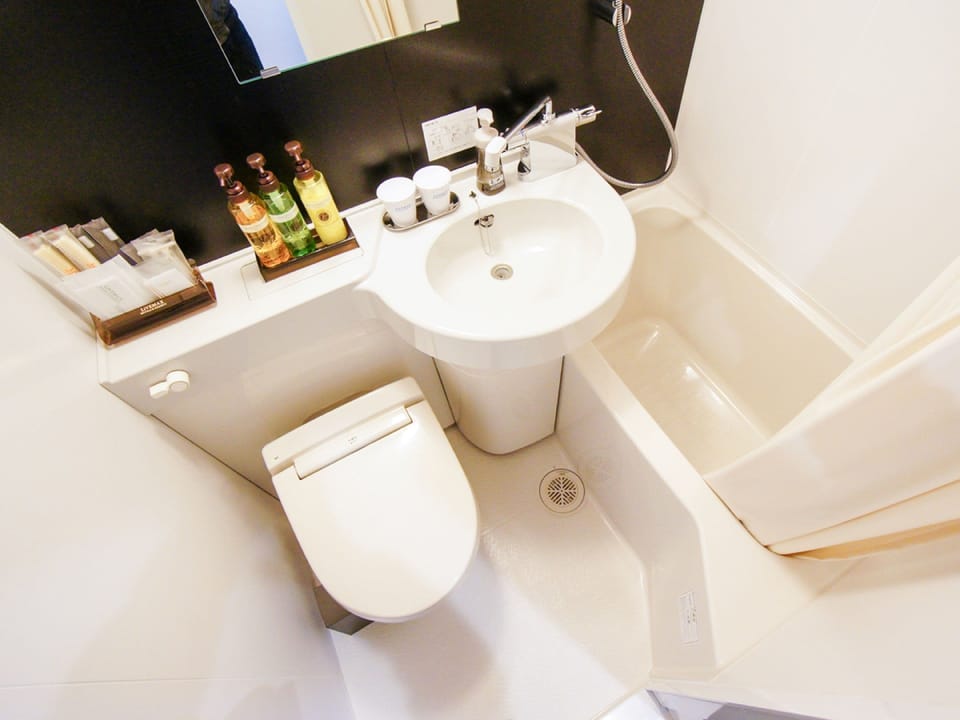 Combined shower/tub, hair dryer, slippers, electronic bidet
