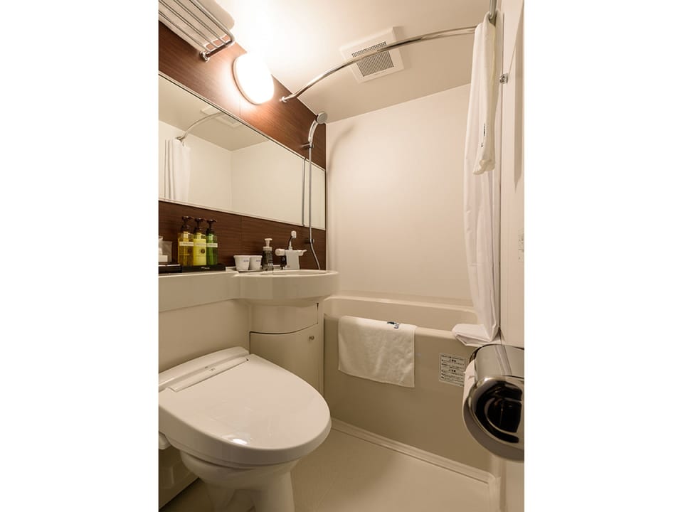 Combined shower/tub, hair dryer, slippers, electronic bidet