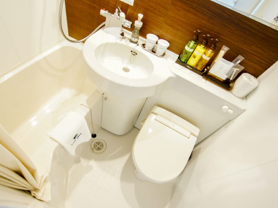 Combined shower/tub, free toiletries, hair dryer, slippers