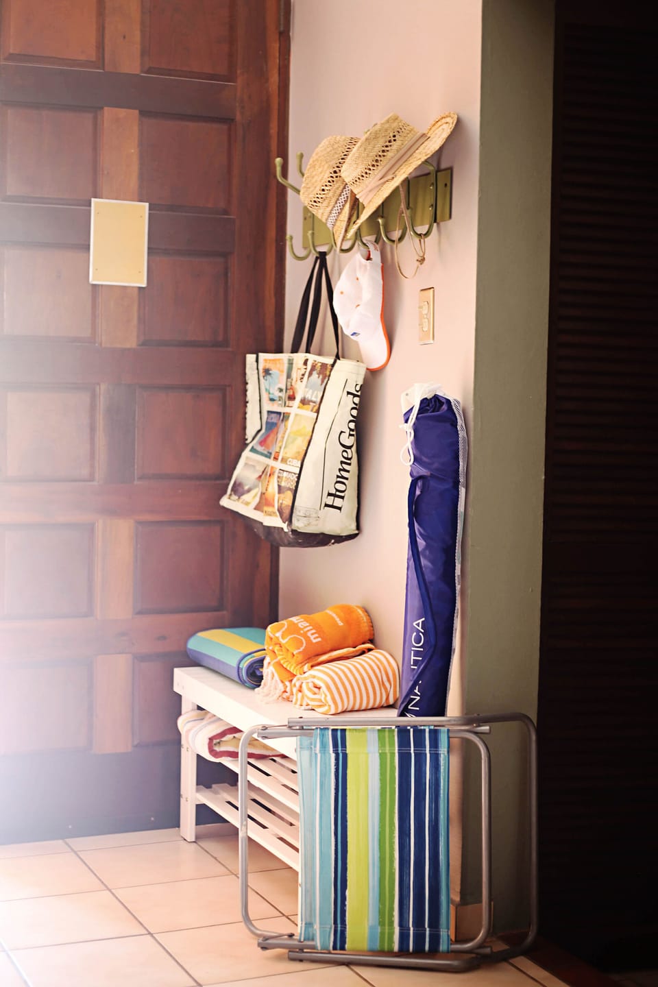 There are beach accessories in the hallway for your convenience.