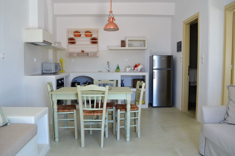 The dining area and the kitchen