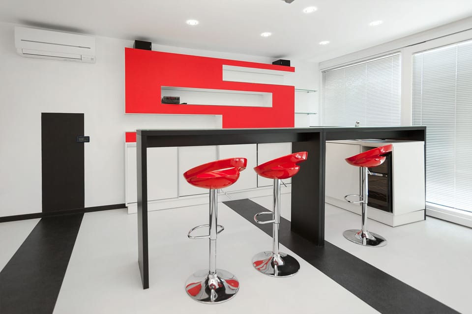 Game room with sounds system, wine fridge