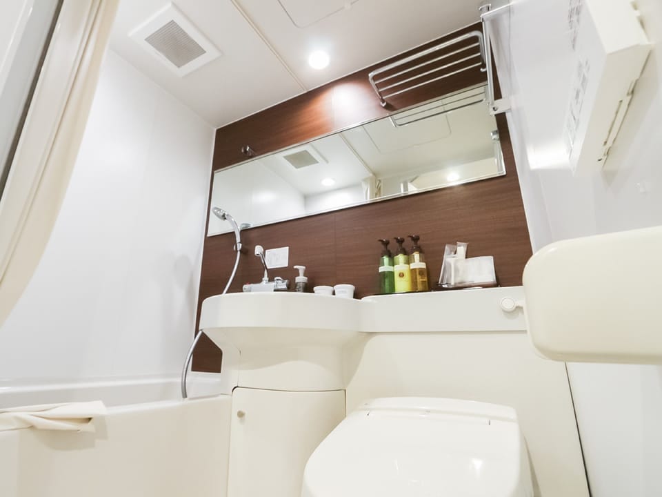Combined shower/tub, free toiletries, hair dryer, slippers