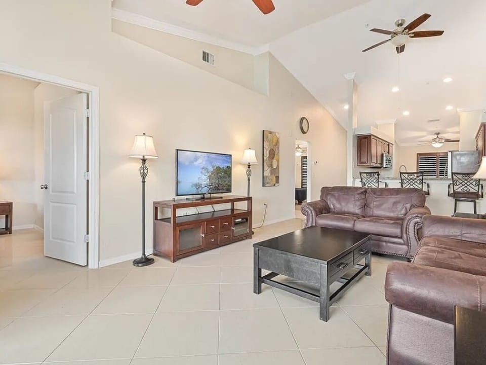 TV and lots of ceiling fans