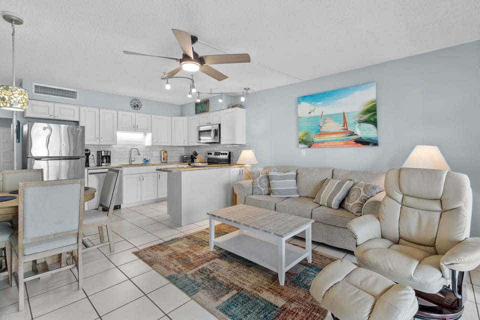 Living area has queen-sized pull-out sofa.
