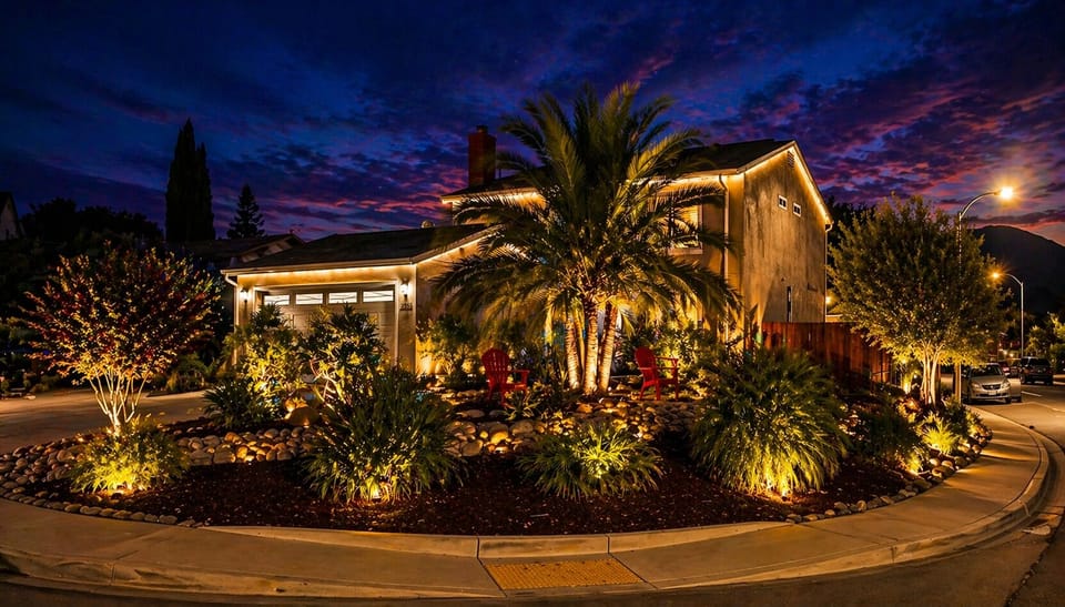 Beautifully lit exterior with lush landscaping at sunset
