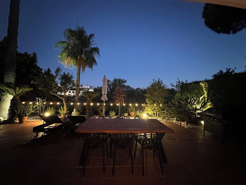 The south facing terrace by night.