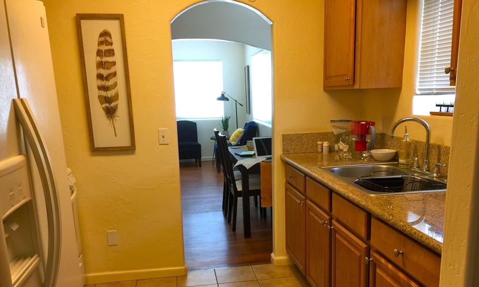 Granite counter tops and well equipped kitchen