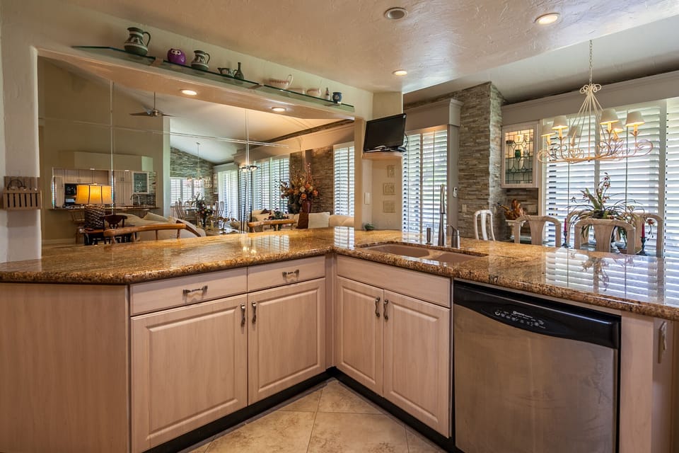 Kitchen with view of dining area