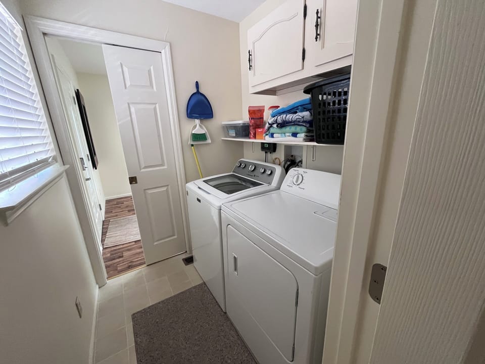 Full Washing Machine and Clothes Dryer for your use. Laundry Supplies Provided.