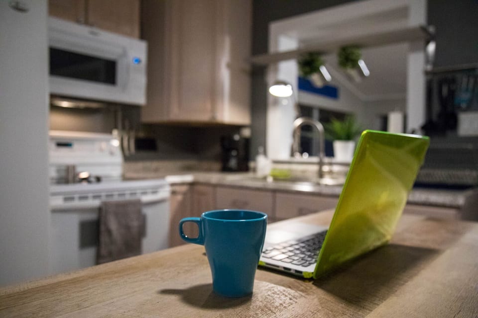 Sometimes all we need is our laptops and a good cup o' joe.