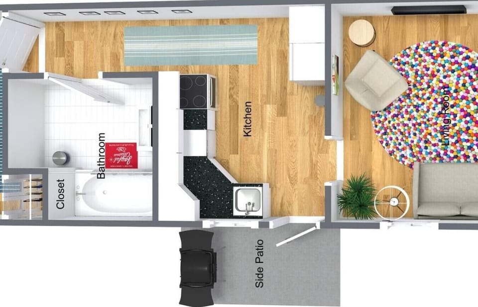 My best attempt at a 3d rendering of the apartment. It`s not showing the exact furniture and all the pieces but this is more or less the layout of the apartment.