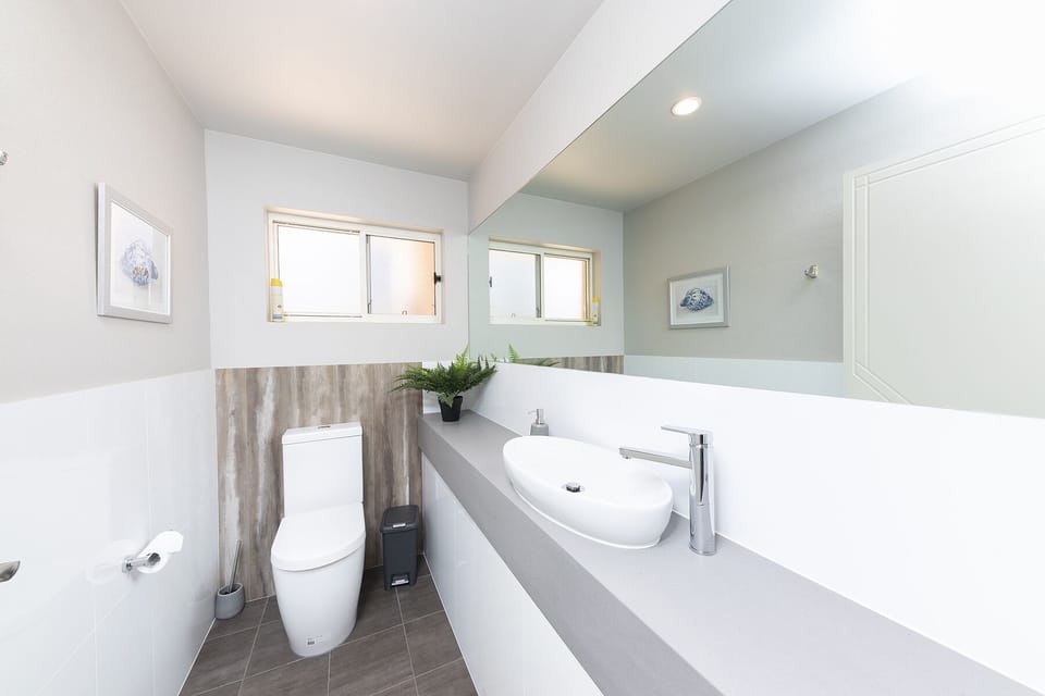 Contemporary powder-room adjacent to the guest bathroom