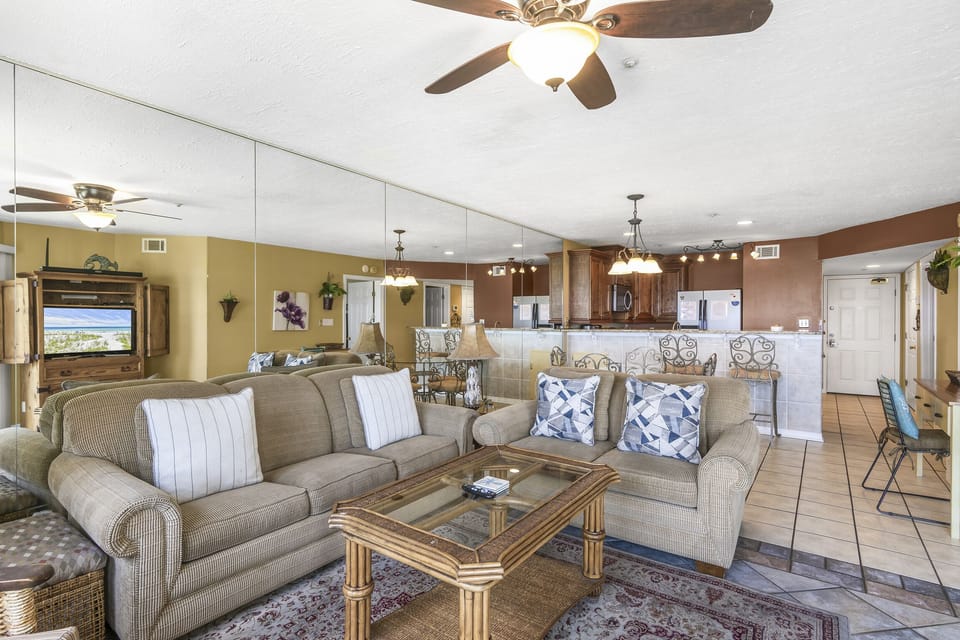 A bright, comfortable living area for the whole group.