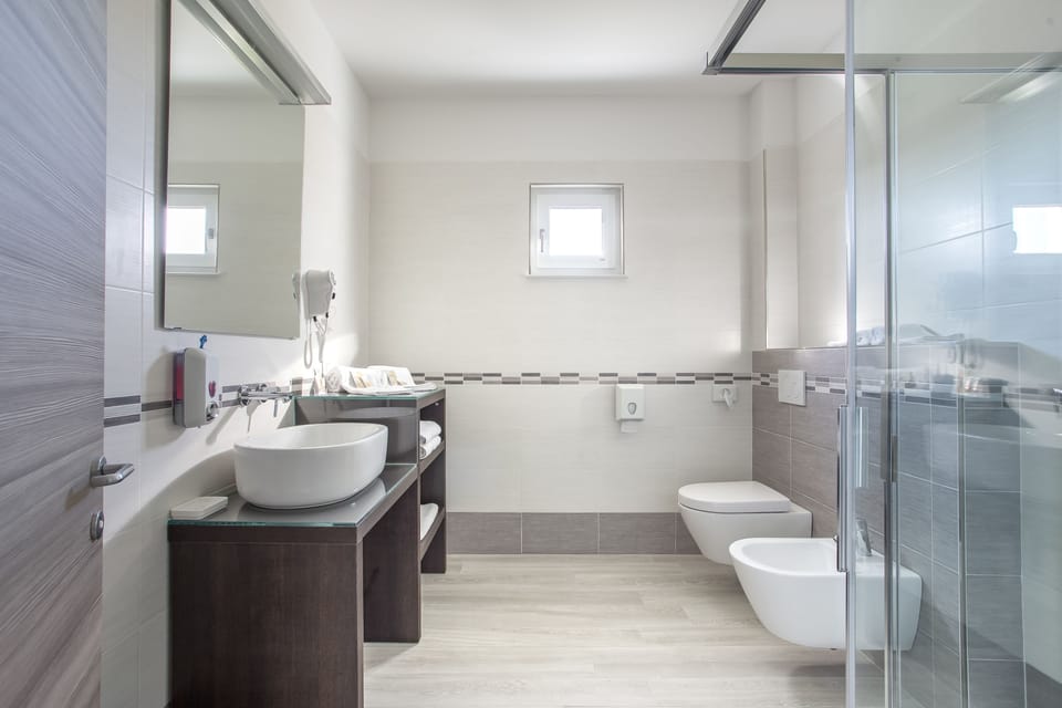 Shower, hair dryer, bidet, towels
