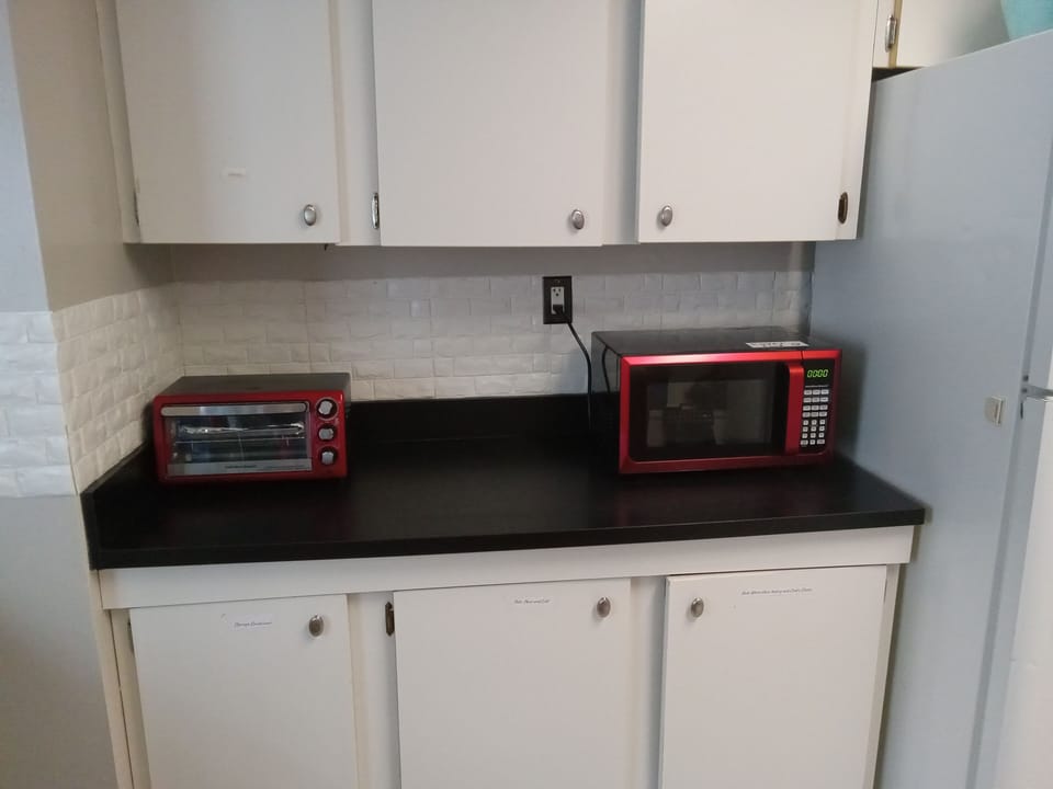 kitchen with microwave and toaster oven, air fryer, standard toaster and more