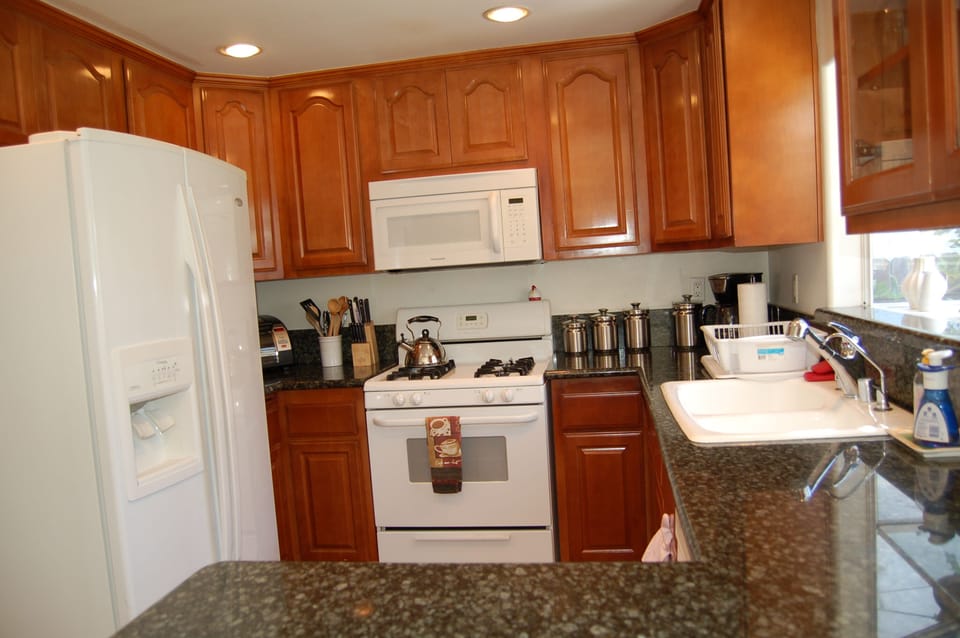 Granite counters, plenty of cupboards, white china and well stocked.