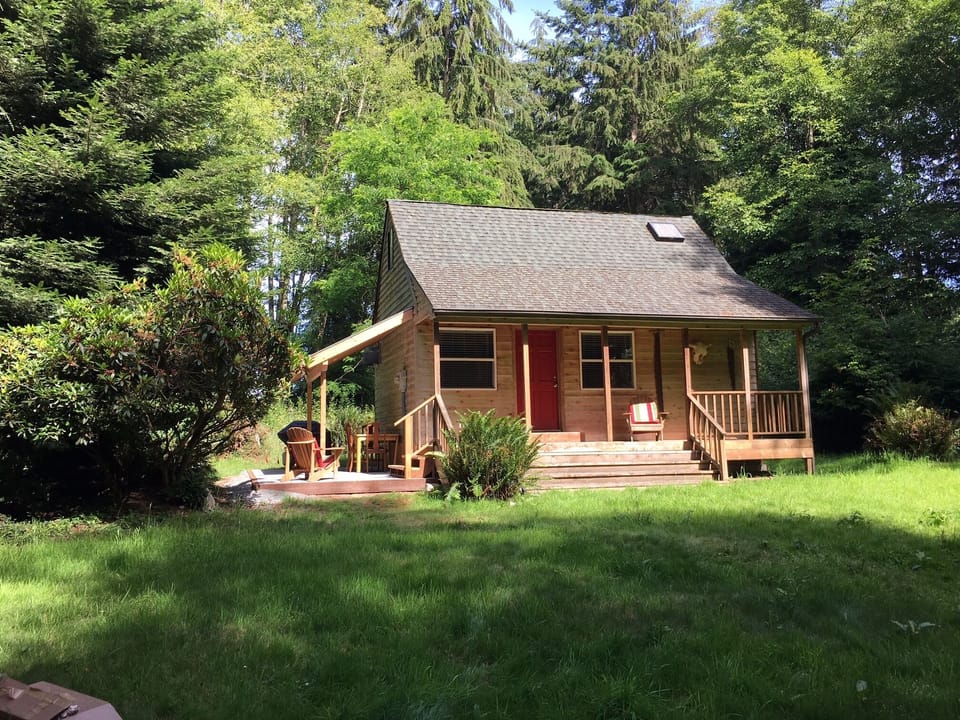 Cabin with side patio; photo taken from fire pit area in front yard
