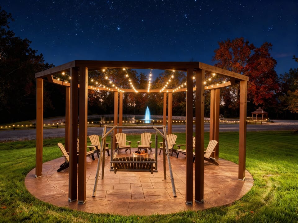 Firepit area. Seats 8. Overlooking illuminated fountain and pond.