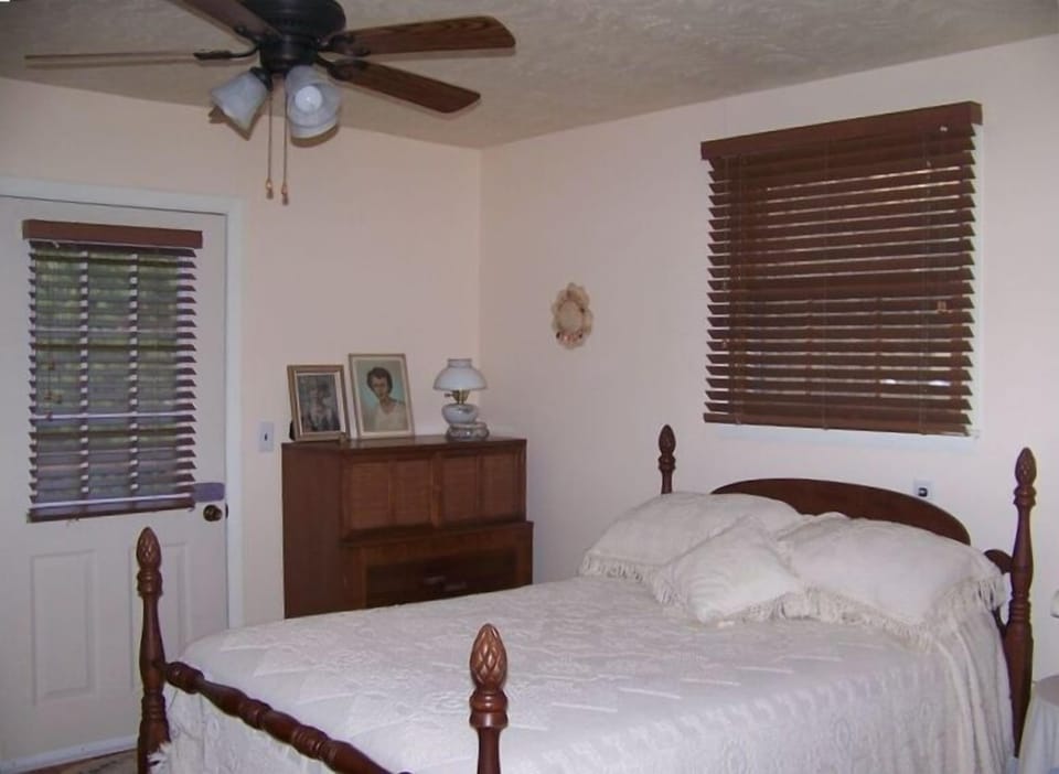 The spacious master bedroom features an antique double bed.