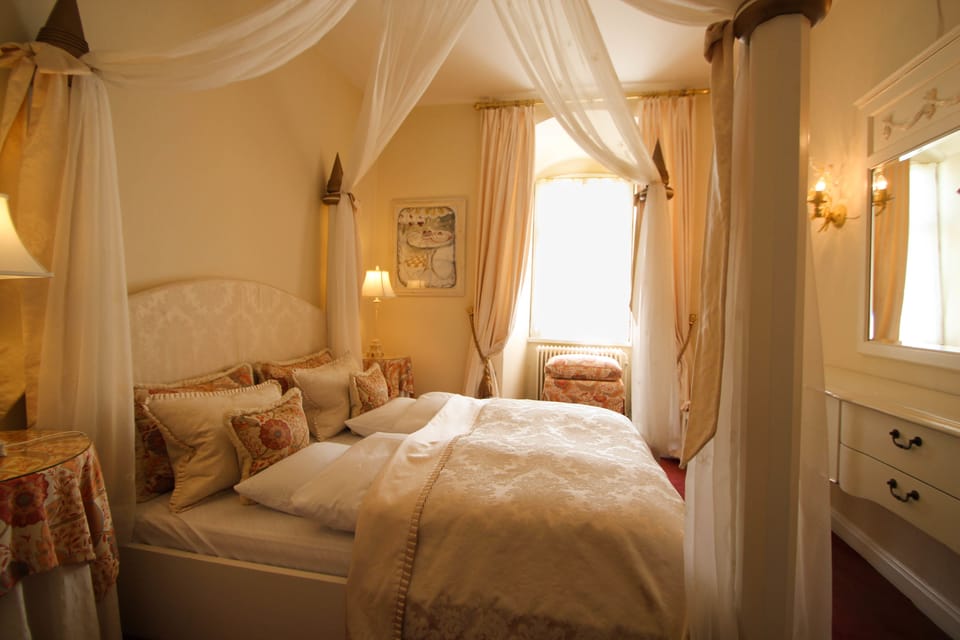 Frette Italian sheets, premium bedding, desk, laptop workspace