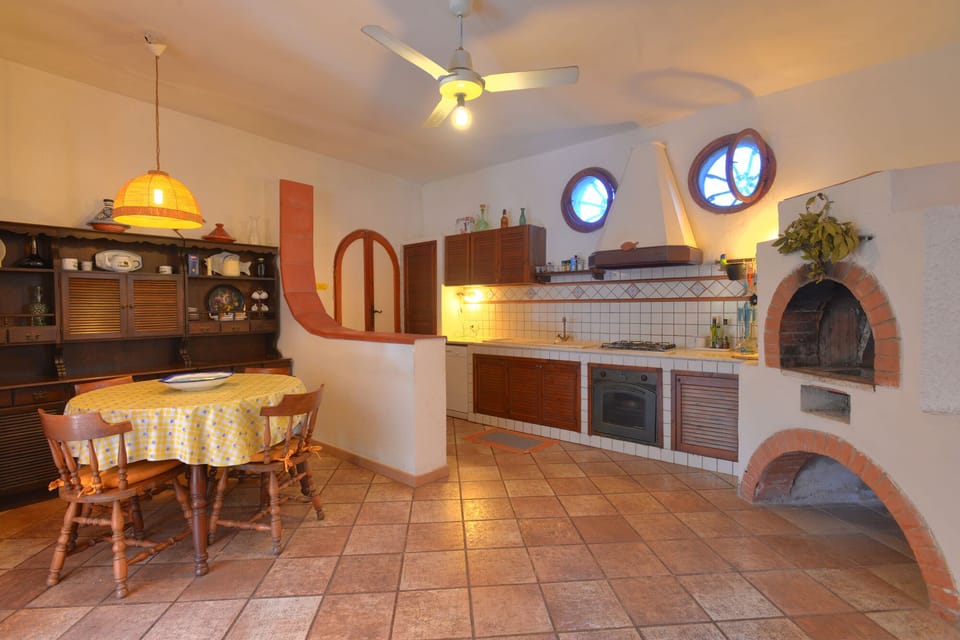 Kitchen with dining table, pizza oven, electric oven, dishwasher and microwave.