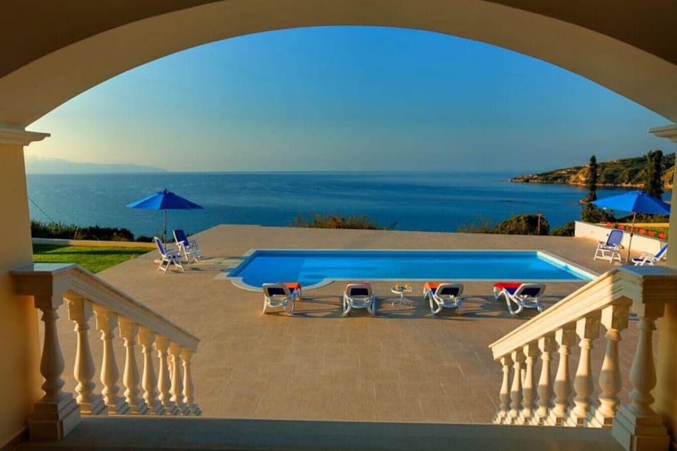 Overlooking the pool and sea from the veranda