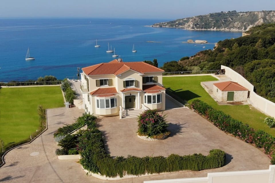 Aerial view of front of Villa and Ionian Sea