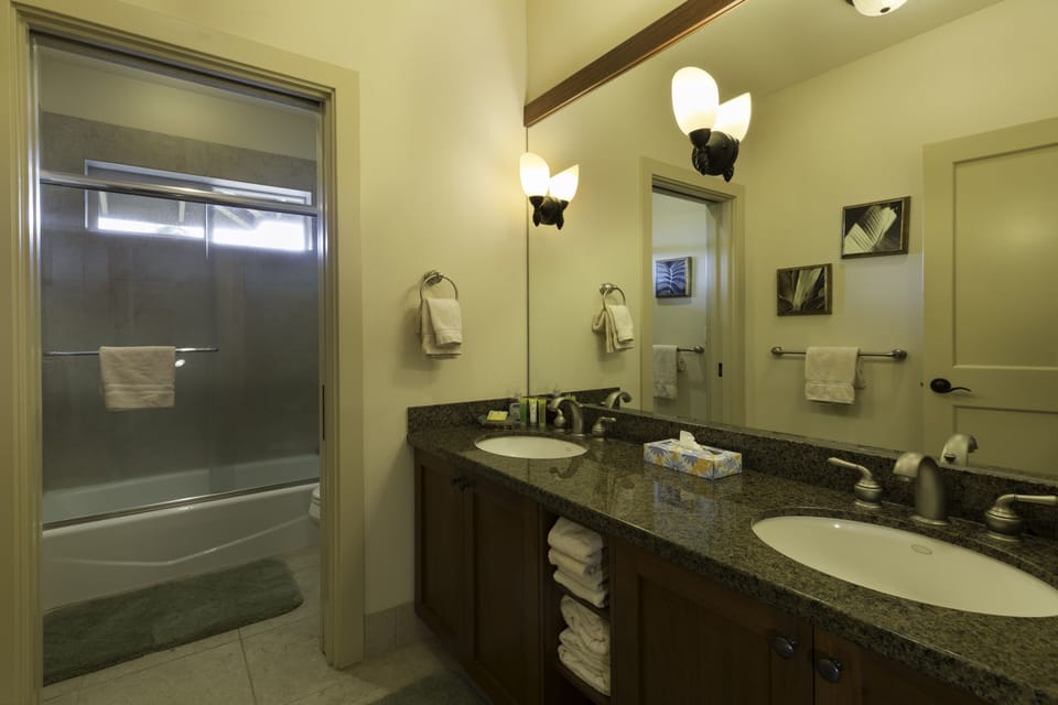 Beautiful bathroom set up; double sinks and pocket door separation for shower/tub combo and toilet.