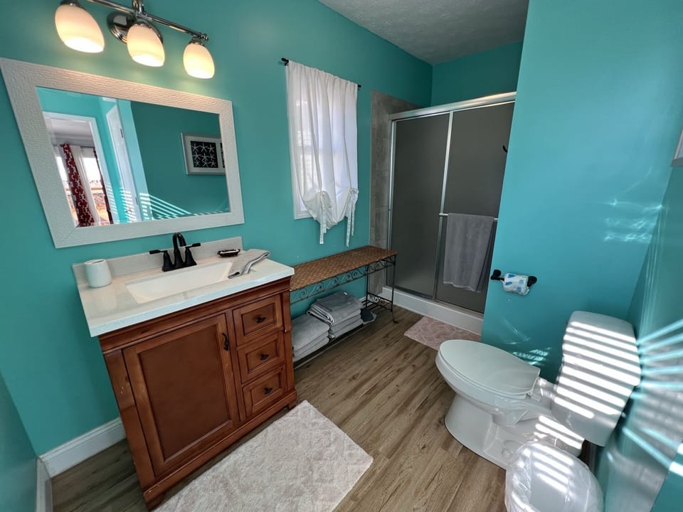 Private bathroom with a step in shower and walk in closet