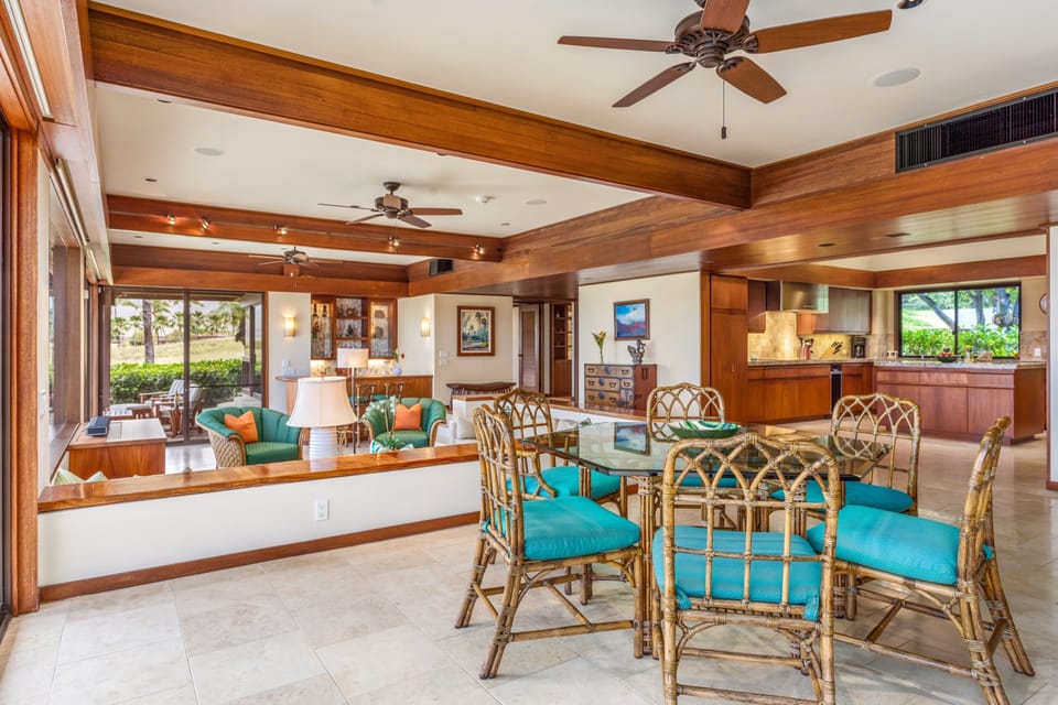 View of Upholstered Dining Set Looking Toward Kitchen (Right) & Living Area.