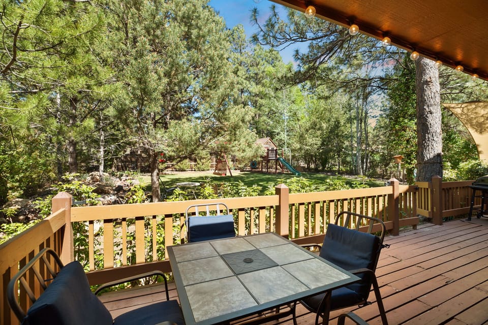 Serene backyard & playset perfect for bird watching and hanging with the family.