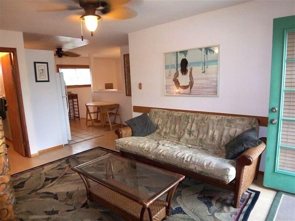 Living room has a HDTV & full size futon/bed for additional guests.