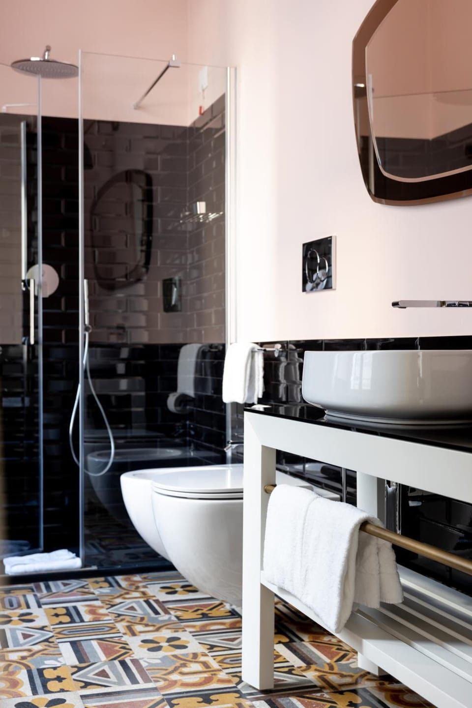 Shower, rainfall showerhead, designer toiletries, hair dryer