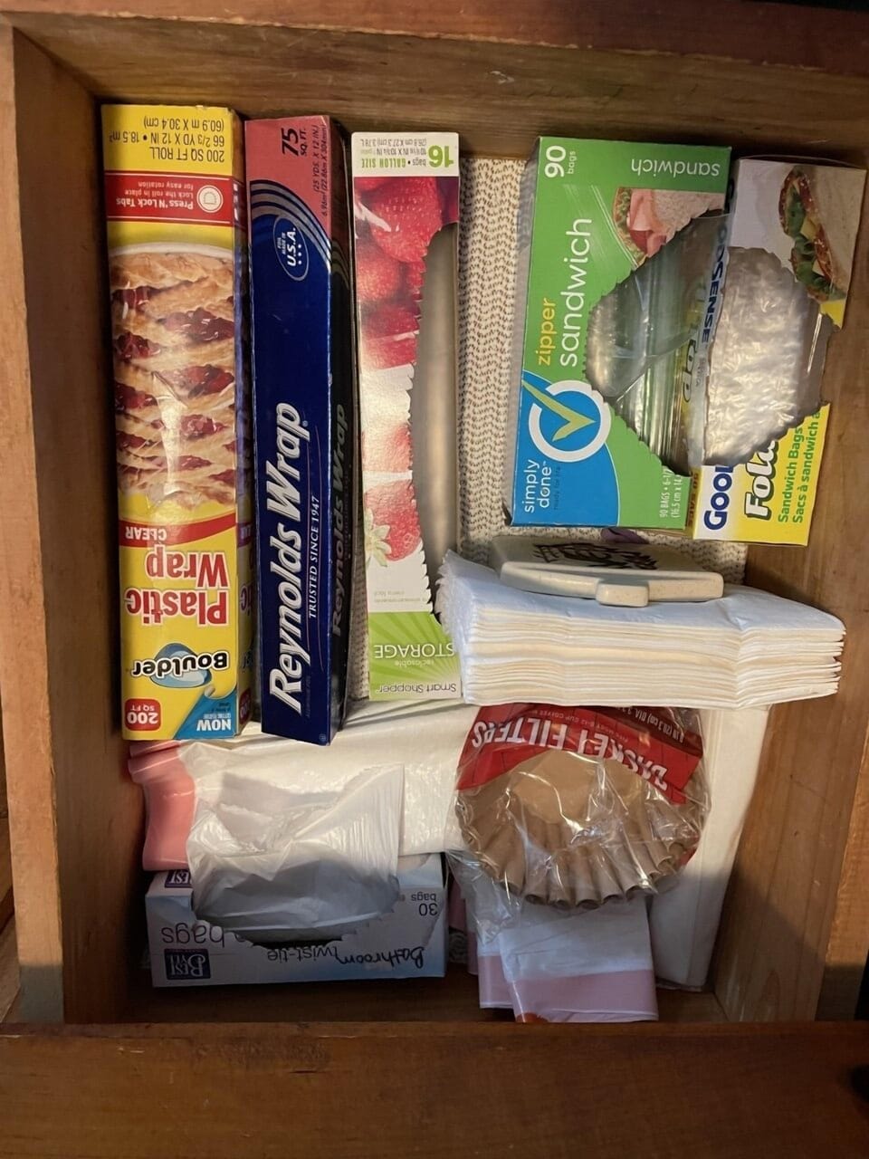 Zip lock & storage bags, aluminum foil, plastic wrap, trash bags