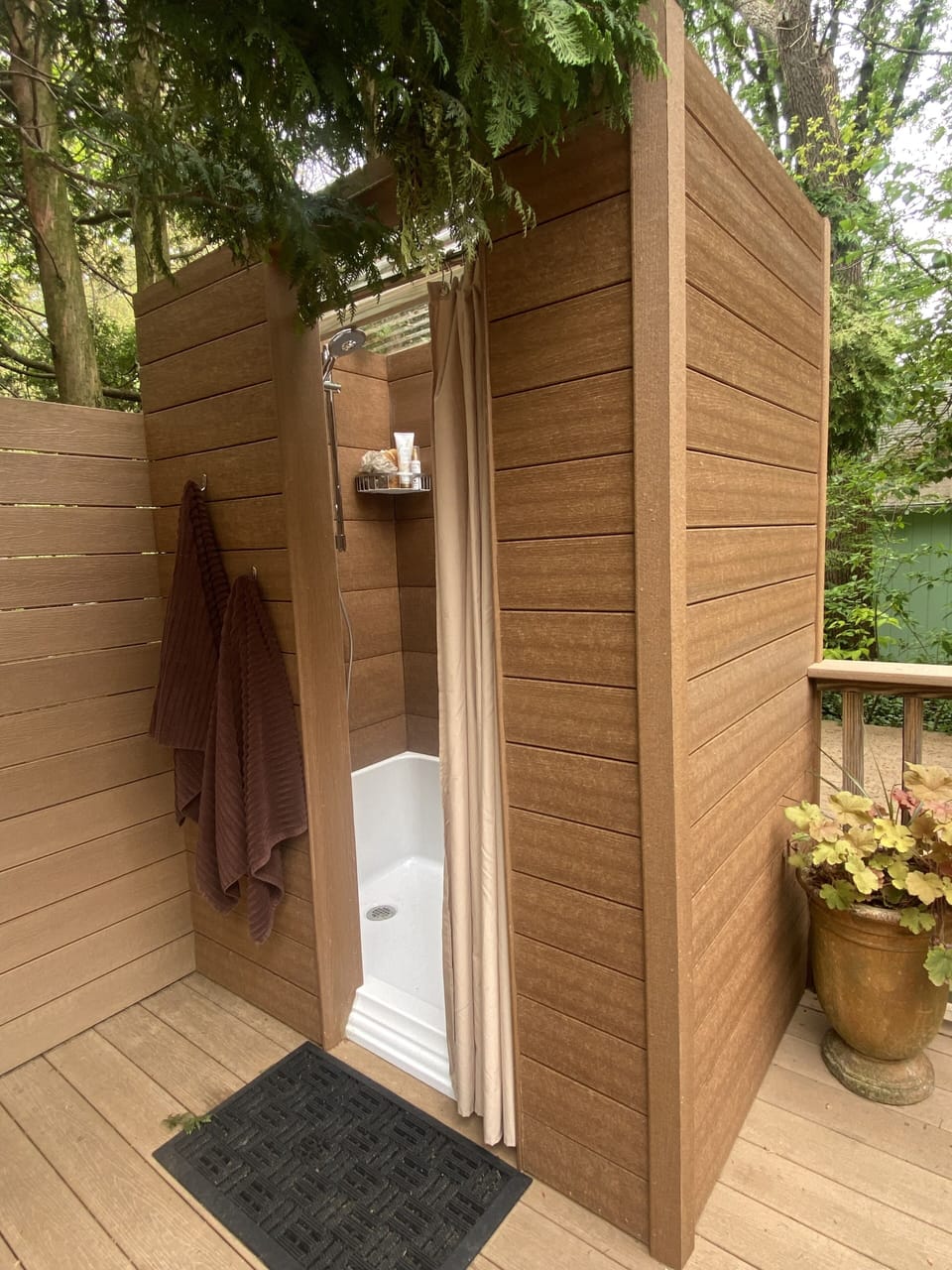 Outdoor shower with hot and cold water