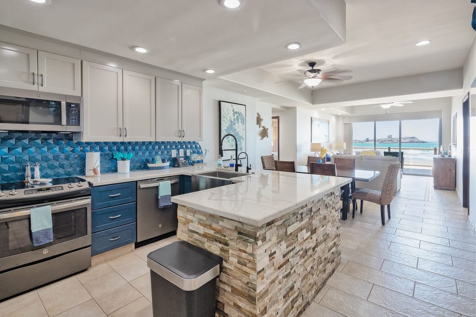 Full kitchen, high end appliances, lots of extras for your chef to prepare meals