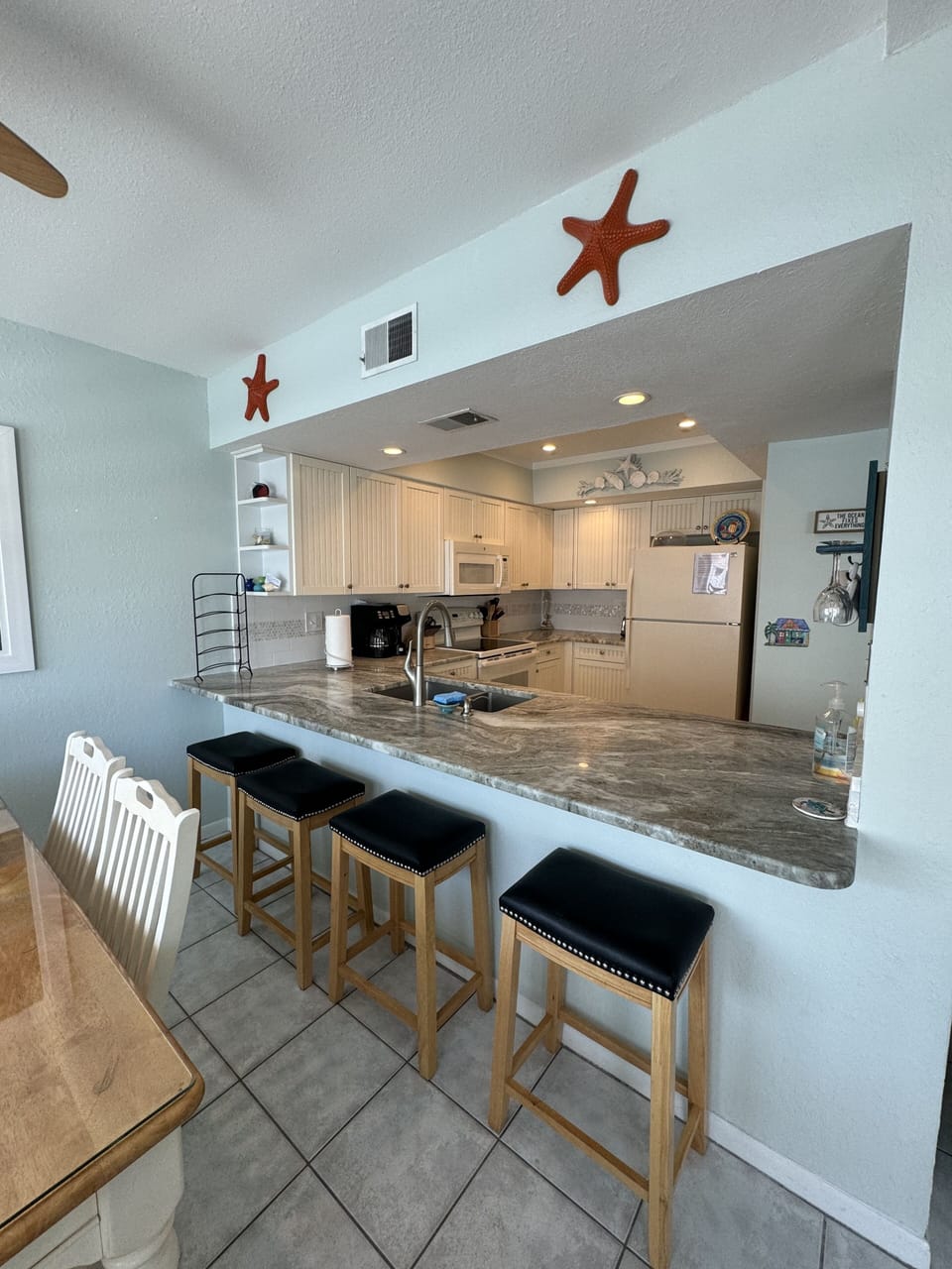 Well stocked,  full size kitchen.  New dishes, pots and Pans, etc.