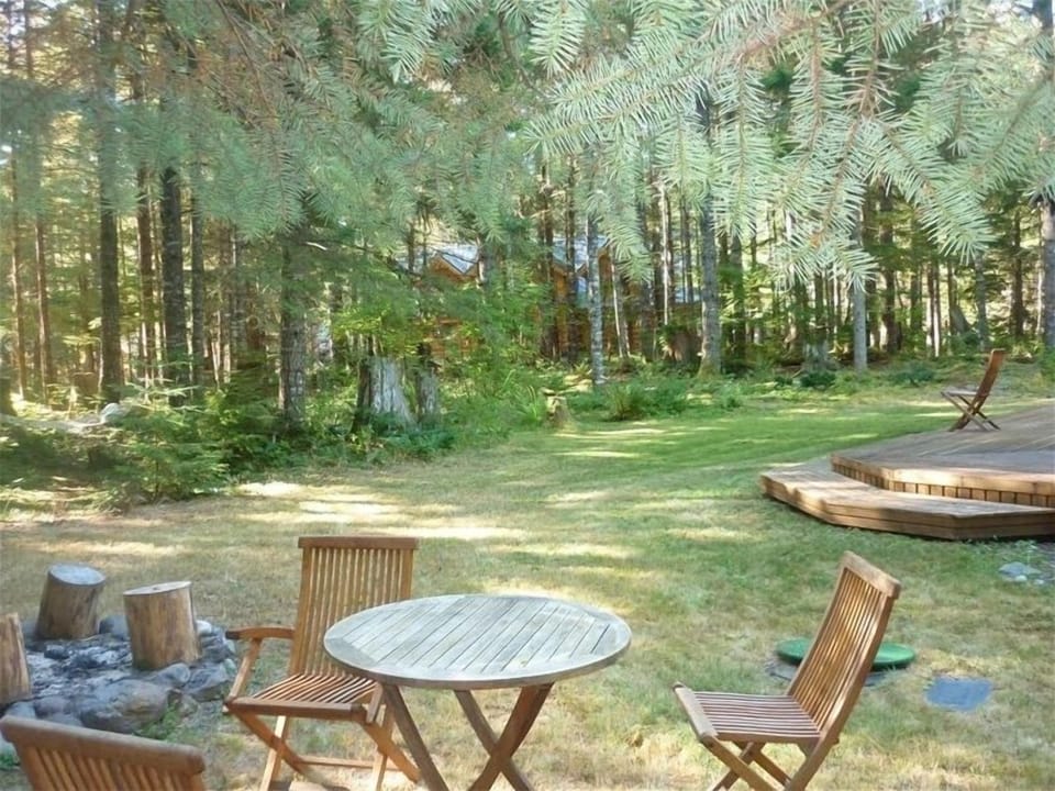 back yard view, deck patio funiture and firepit