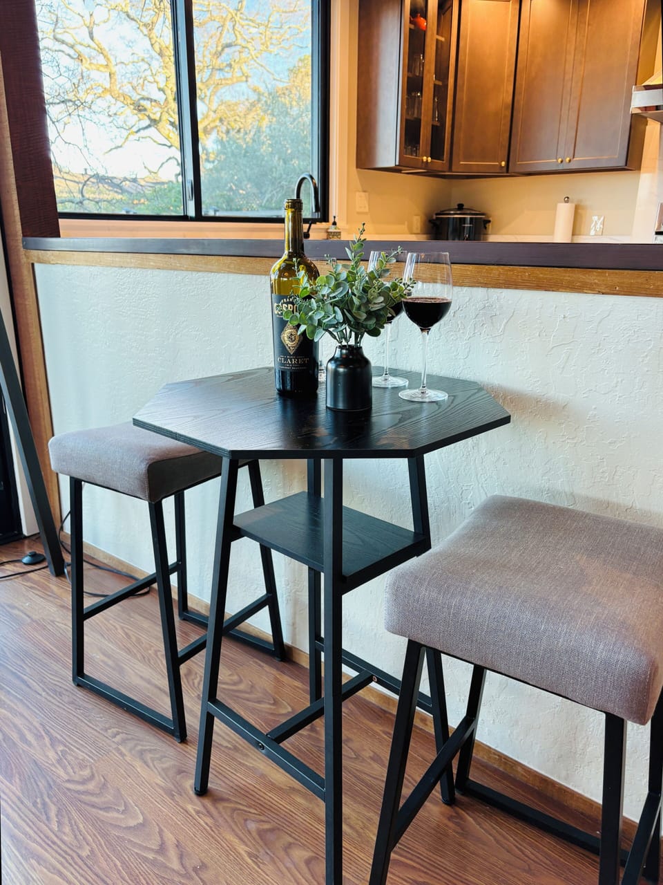 Bar table nook by kitchen and great room- fun, social & view cozy!
