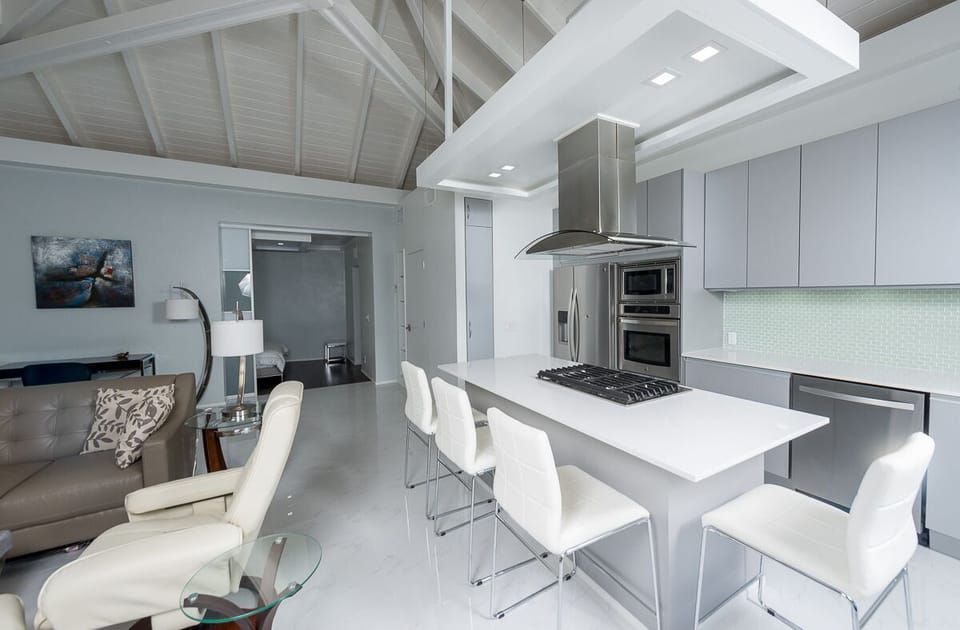 Kitchen, living room, and bedroom entrance