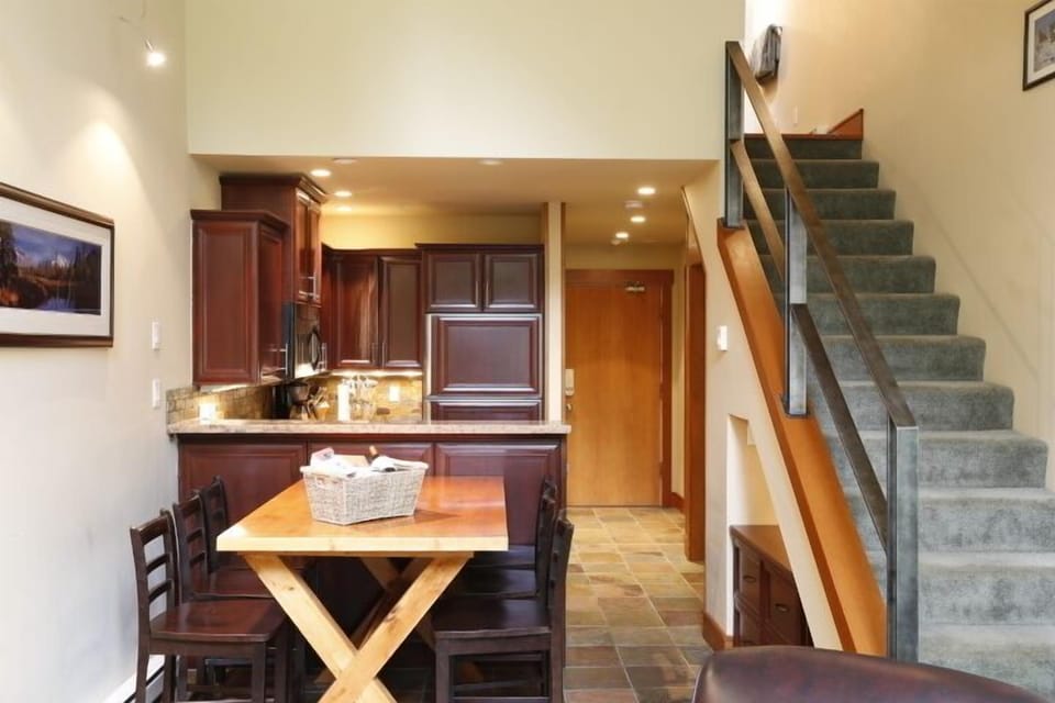 Dining table seats 6 comfortably.