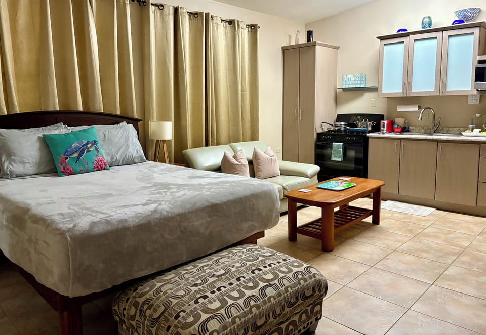 Suite A queen bed, love seat and full kitchen.