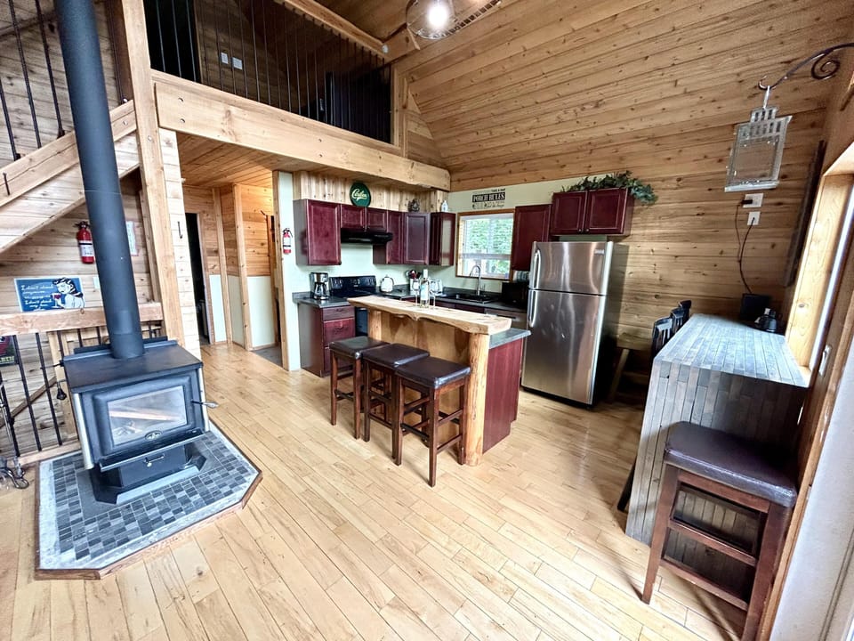 Cozy cabin kitchen with rustic charm and modern comforts