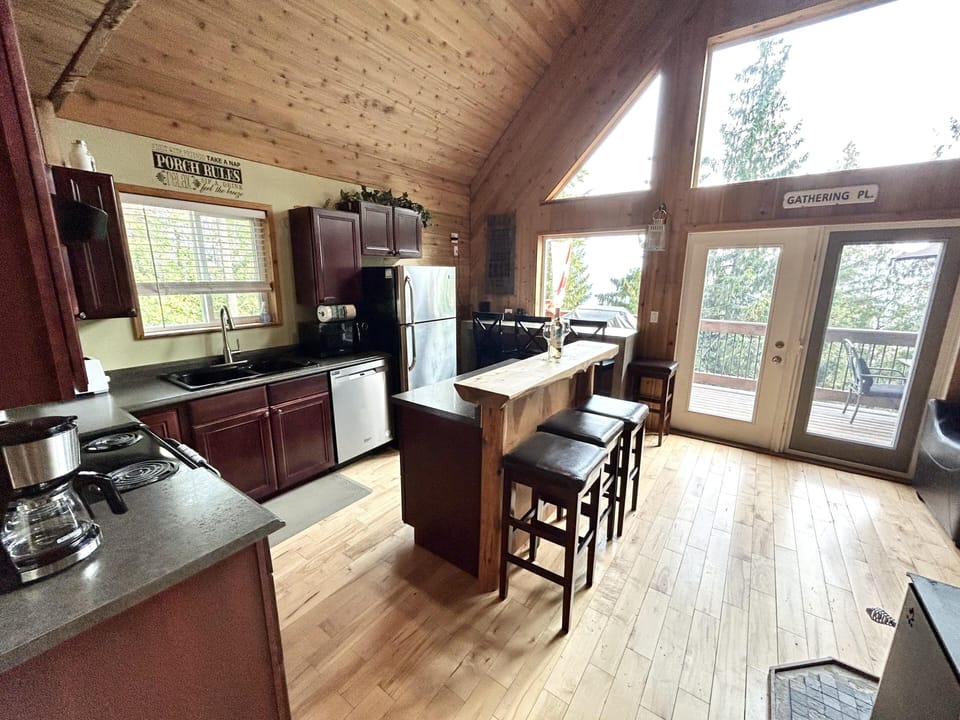 Sunlit kitchen with vaulted ceilings and forest views