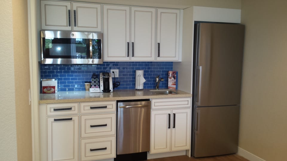 Fridge, microwave, coffee/tea maker, freezer