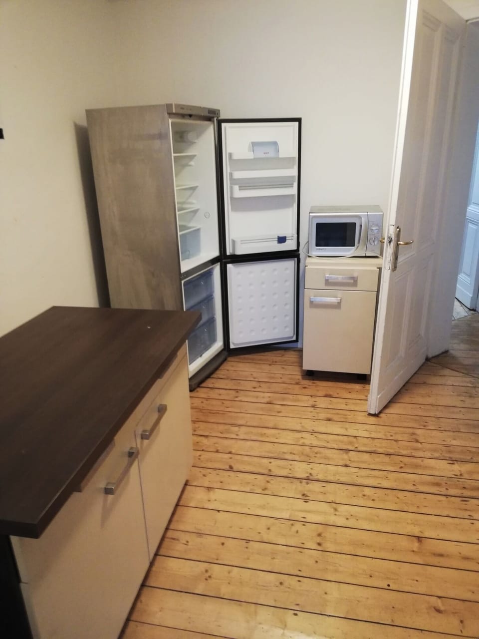 Full-size fridge, microwave, stovetop, coffee/tea maker